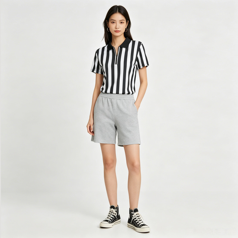 TS26J-007 Women's 14 Zip Polo Collar Black White Vertical Stripe Short Sleeve Quick Dry Referee Uniform Shirt