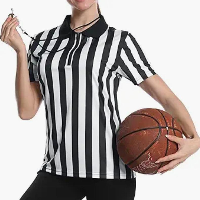 TS26J-007 Women's 14 Zip Polo Collar Black White Vertical Stripe Short Sleeve Quick Dry Referee Uniform Shirt